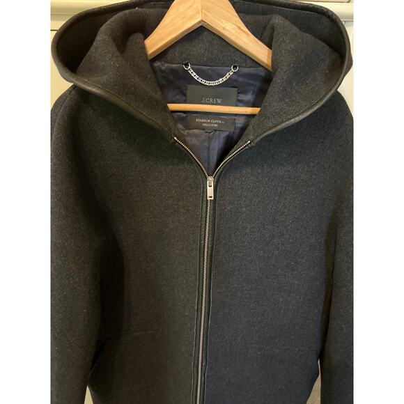 J. Crew Stadium Cloth Dark Gray Wool Blend Hooded Leather Trimmed Coat Large - Picture 2 of 9